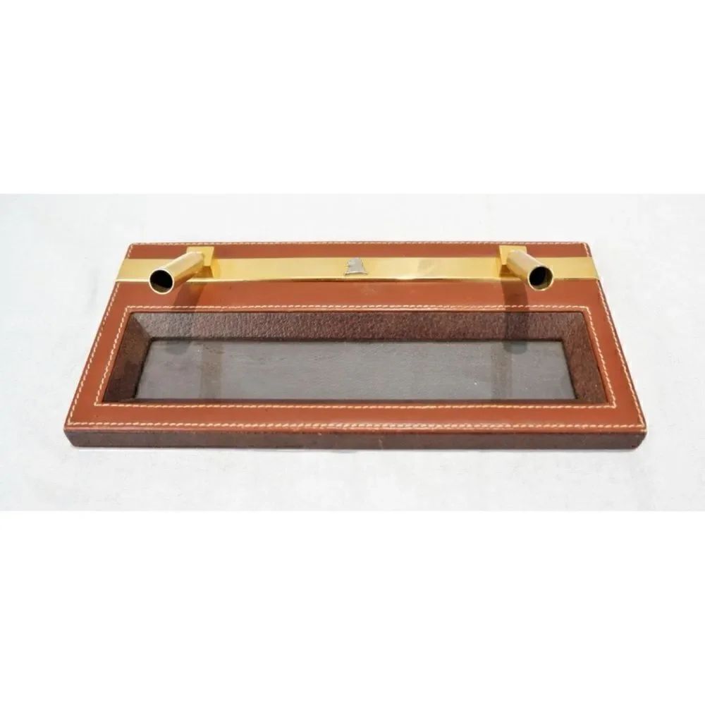Vintage Mark Cross Leather / Brass/ Silk Desk Pen holder 11" x 5"/ Italy